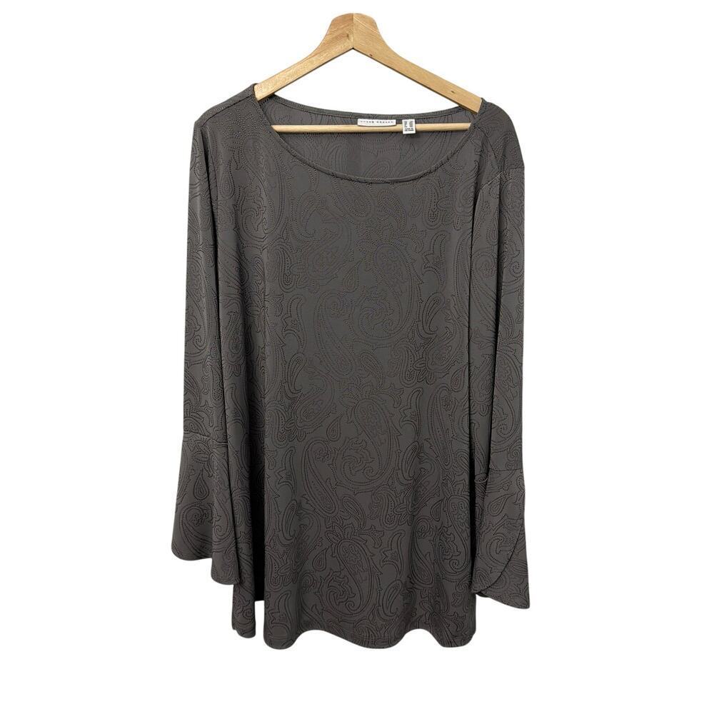 Susan Graver Top Womens 2X Gray Paisley Beaded Bell Sleeve Tunic